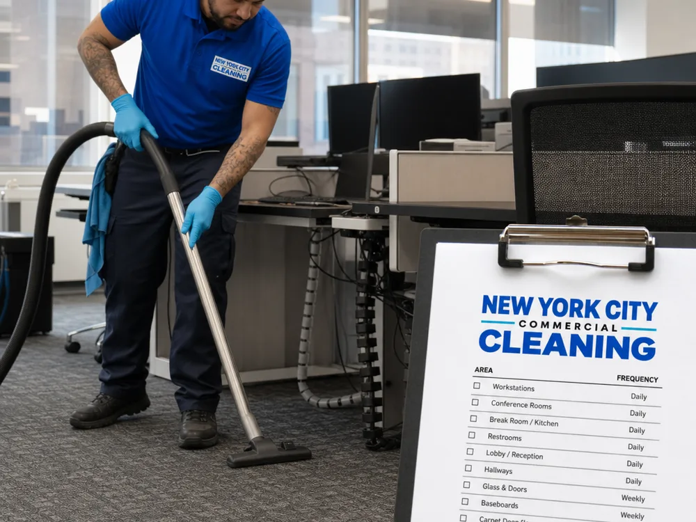 Cleaner vacuuming office carpet tiles beside a detailed room and task checklist