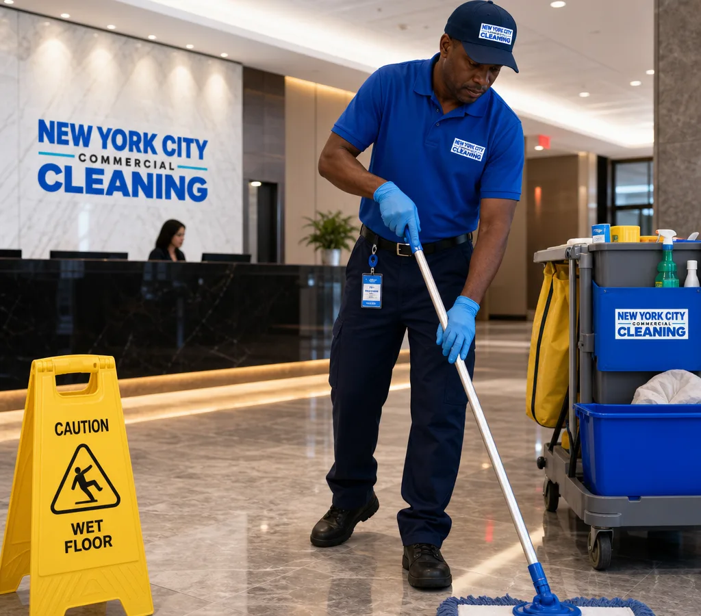 Janitorial team member cleaning a modern New York City commercial building lobby with a cleaning cart and wet floor sign