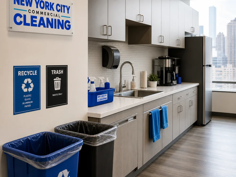 Sanitized office breakroom with clean counters and sinks, organized supplies, and neatly managed waste