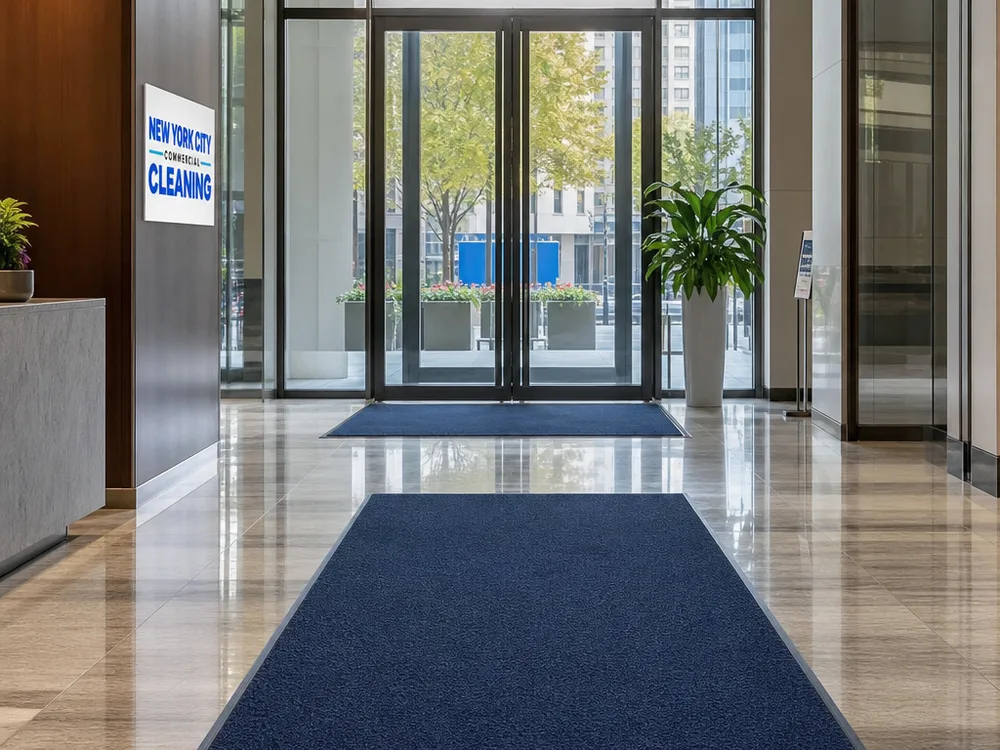 Maintained high-traffic commercial lobby with vacuumed entry mats, clean hard flooring, and no visible debris